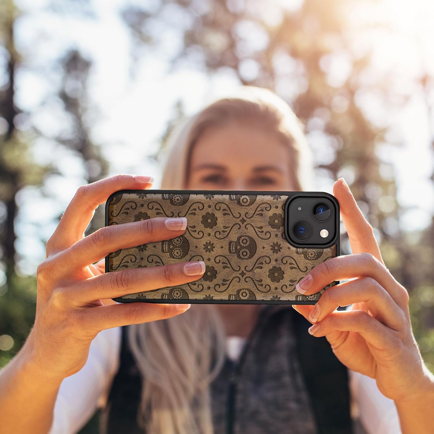Carveit Magnetic Wood Case for iPhone 14 Plus - Natural Wood & Black Soft TPU - Shockproof Protective Cover - Unique & Classy Wooden Case - Compatible with MagSafe (Sugar Skull Bloom -Walnut)