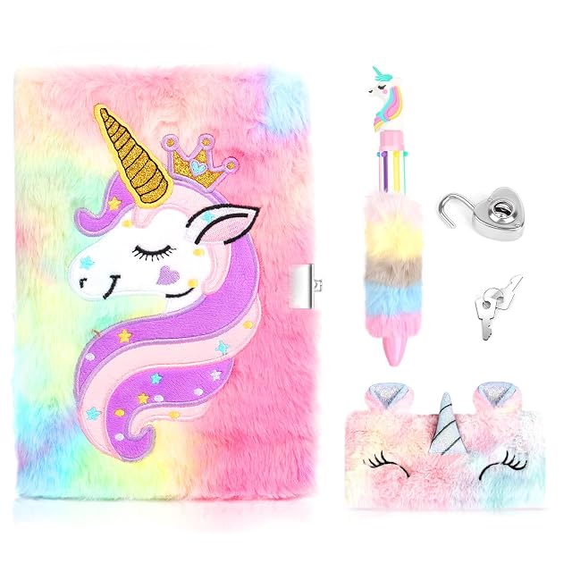 Diario Secreto Niña con Candado, A5 Set de Unicornio Papelería de Peluche
