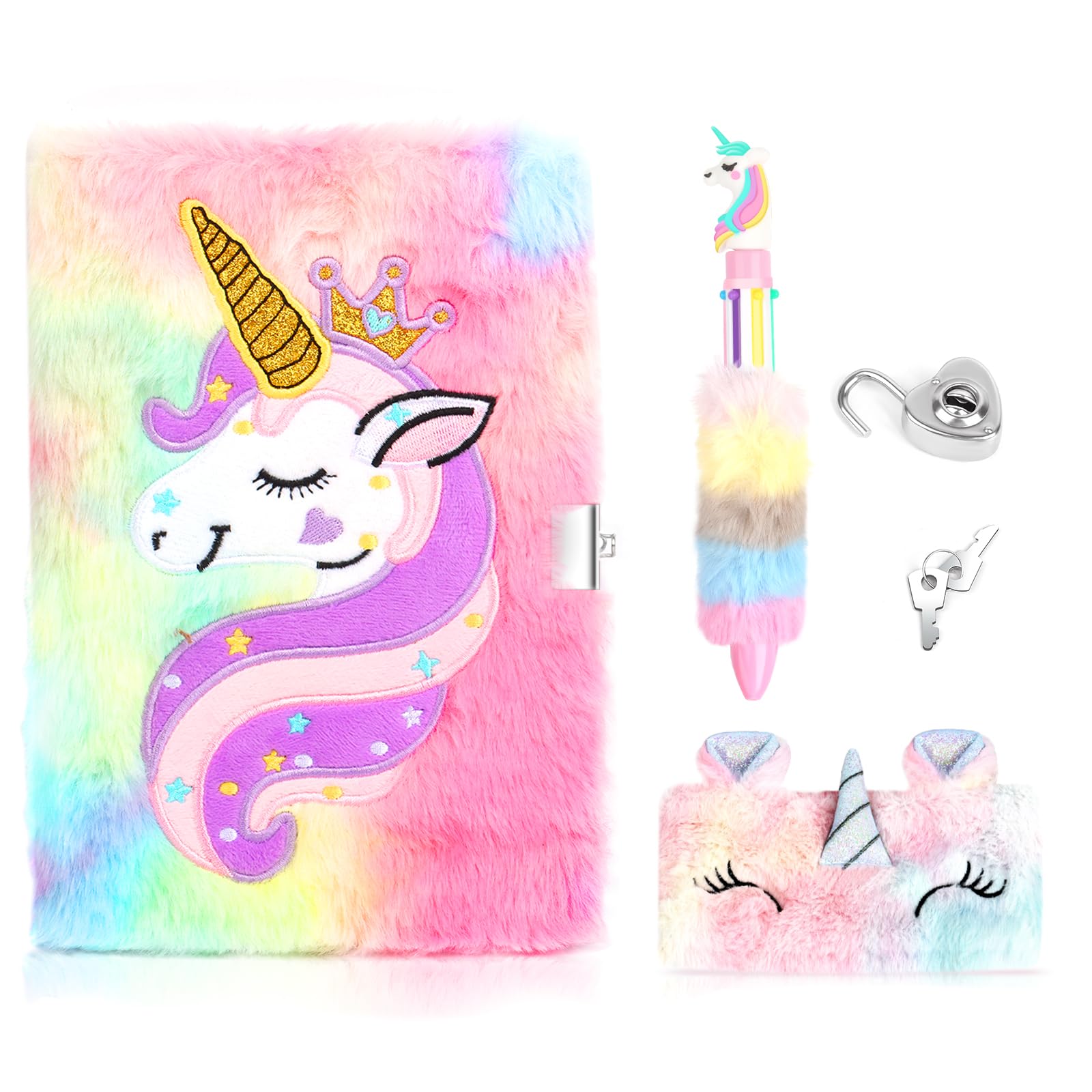 Diario Secreto Niña con Candado, A5 Set de Unicornio Papelería de Peluche, Libreta con Llave y Candado para Niña Incluye Estuche Unicornio y Bolígrafo, Regalo de Niña Unicornio para 5-12 Años