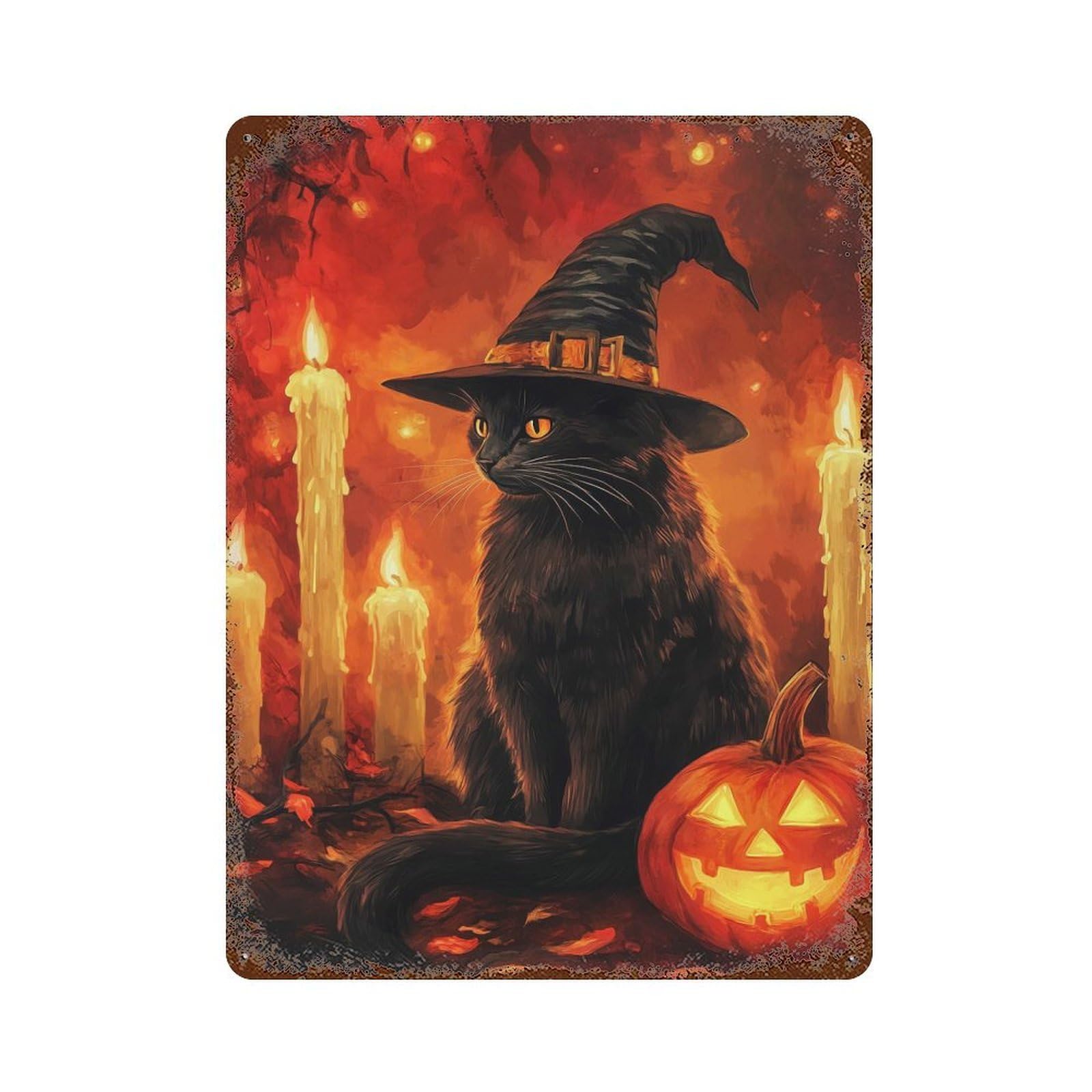 Black Cat Witch Halloween 15.7"x11.8" Rustic Tin Plaque, Industrial Home Decor for Farmhouse, Kitchen And Entryway Decor