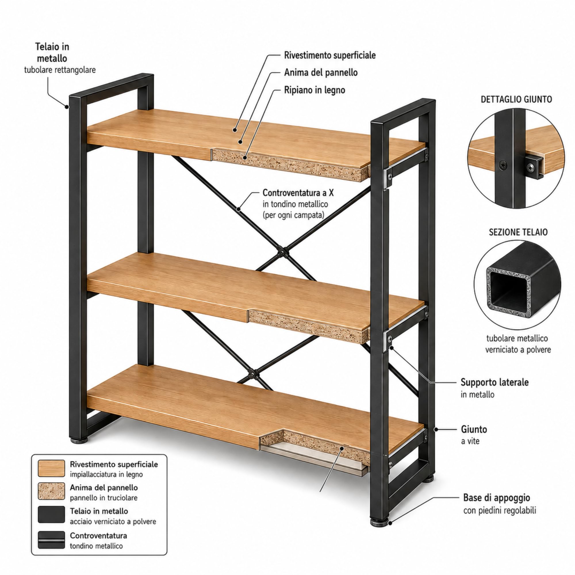 MAKA Scaffale con Struttura in Metallo Soggiorno, Libreria Bassa con 3 Ripiani in Legno, Scaffalatura Bassa Moderna per Bagno, Cucina, Camera da Letto, Facile da Montare, 80x33x66 cm (3 Ripiani)