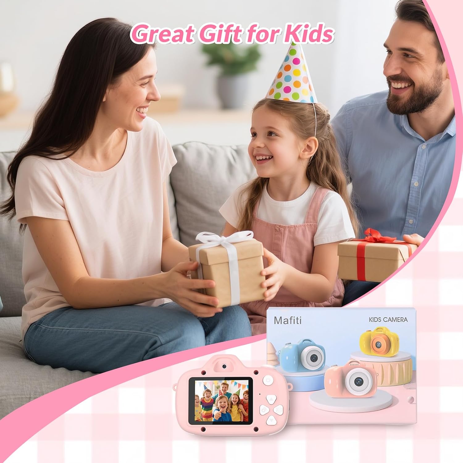 Mafiti Kids Camera,26MP HD Mini Selfie Digital Camera for Kids,Toddler Camera1080P Video,Outdoor Toy for Holiday,Birthday Xmas Gift for 3-8 Years Old Girl Boy,Pink