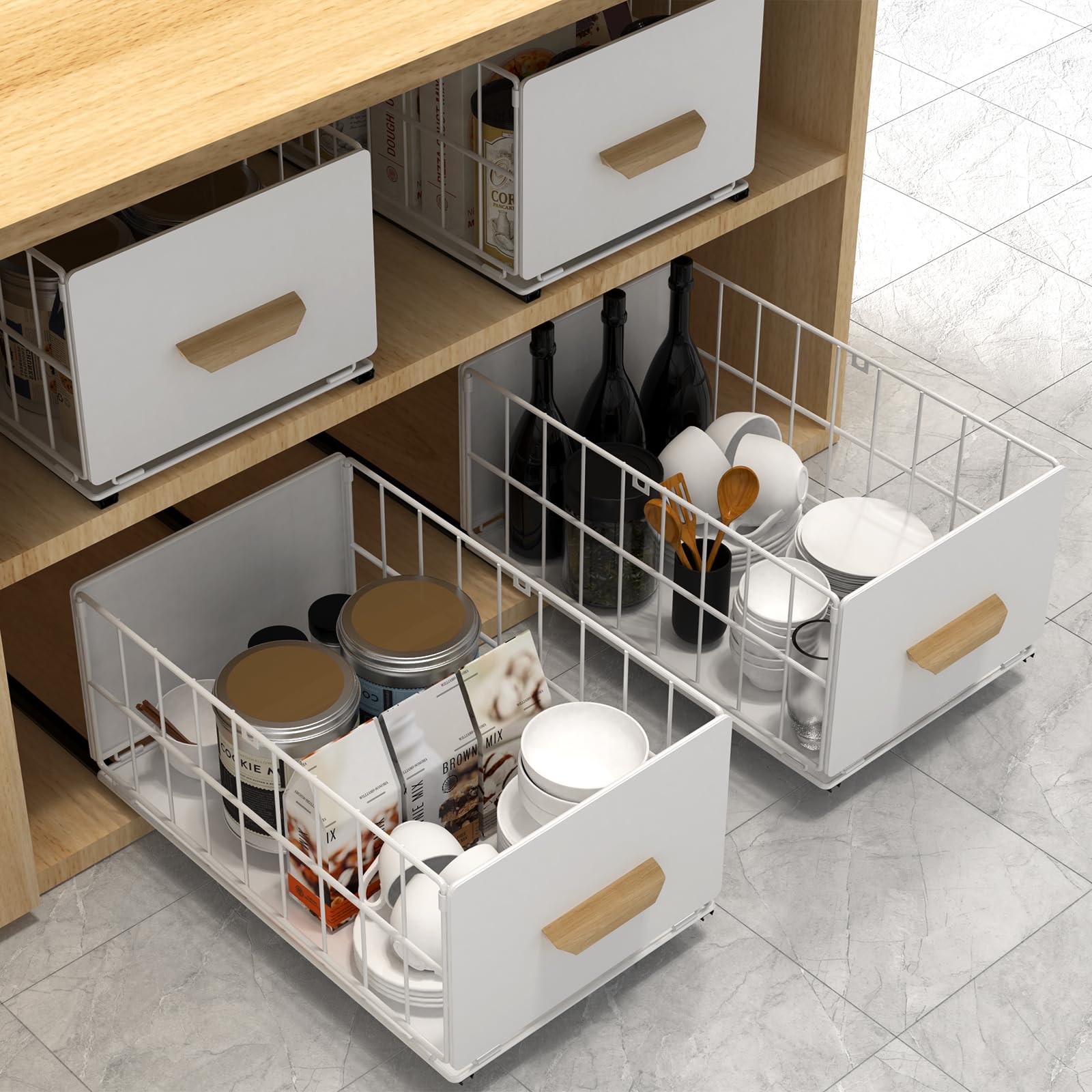 Pull Out Cabinet Organizer Heavy Duty Slide Out Drawers Cabinet Basket No Drilling Metal Storage Basket with Handle for Kitchen Bathroom Cloakroom