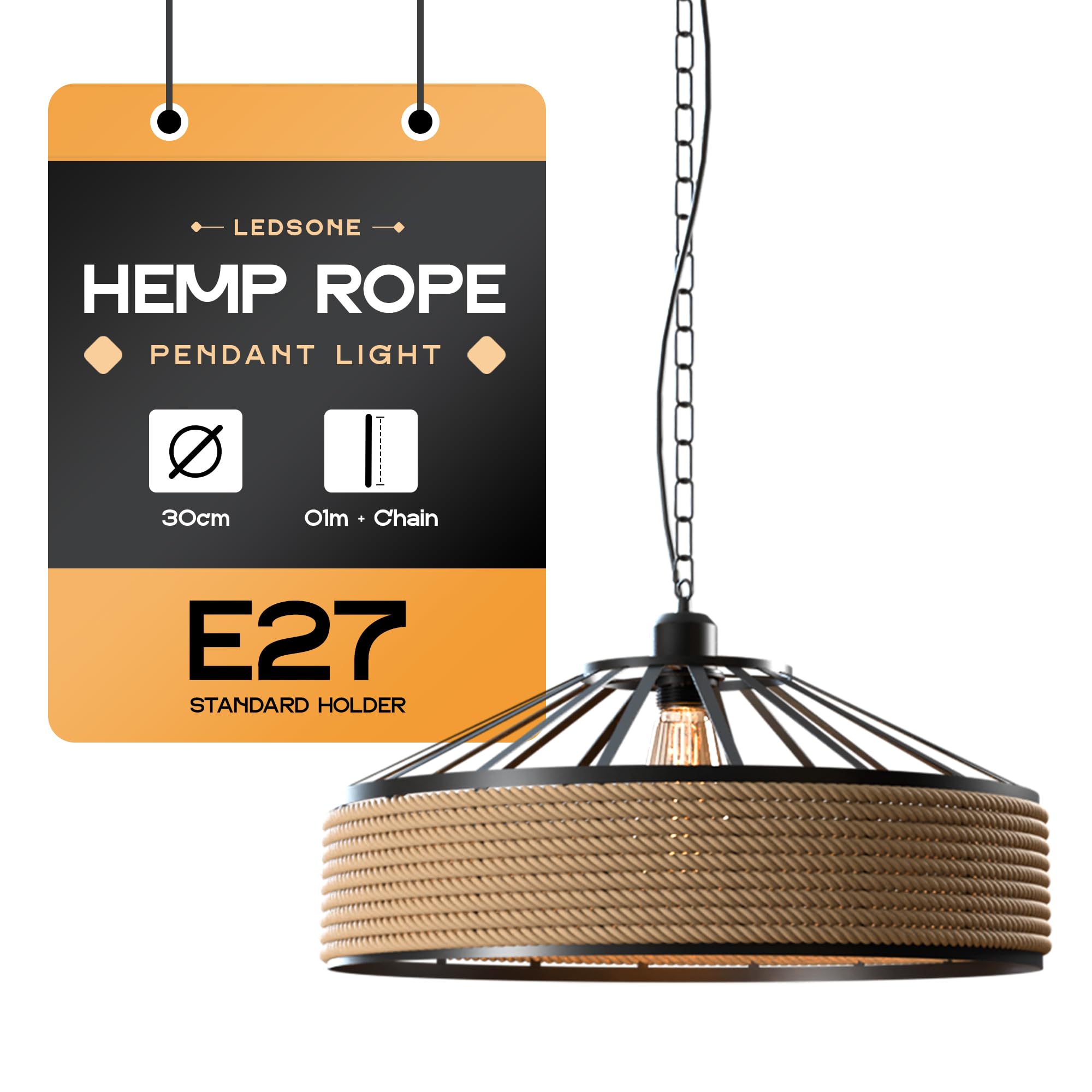 LEDSone Retro Hemp Rope Pendant Light with Adjustable PVC Cable with Chain and 30cm Metal Lampshade E27 Holder Ceiling Hanging Light Fixture for Home, Bar, Restaurant, Café