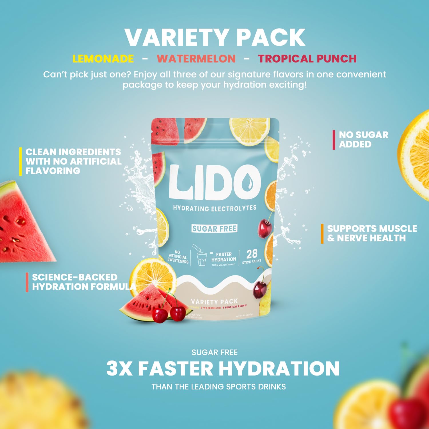 LIDO Variety Pack Electrolyte Powder Packets — Clean, Zero-Sugar Hydration Drink Mix with Balanced Sodium for Fast Replenishment — Vegan, Paleo & Fasting Friendly — 28 Sticks