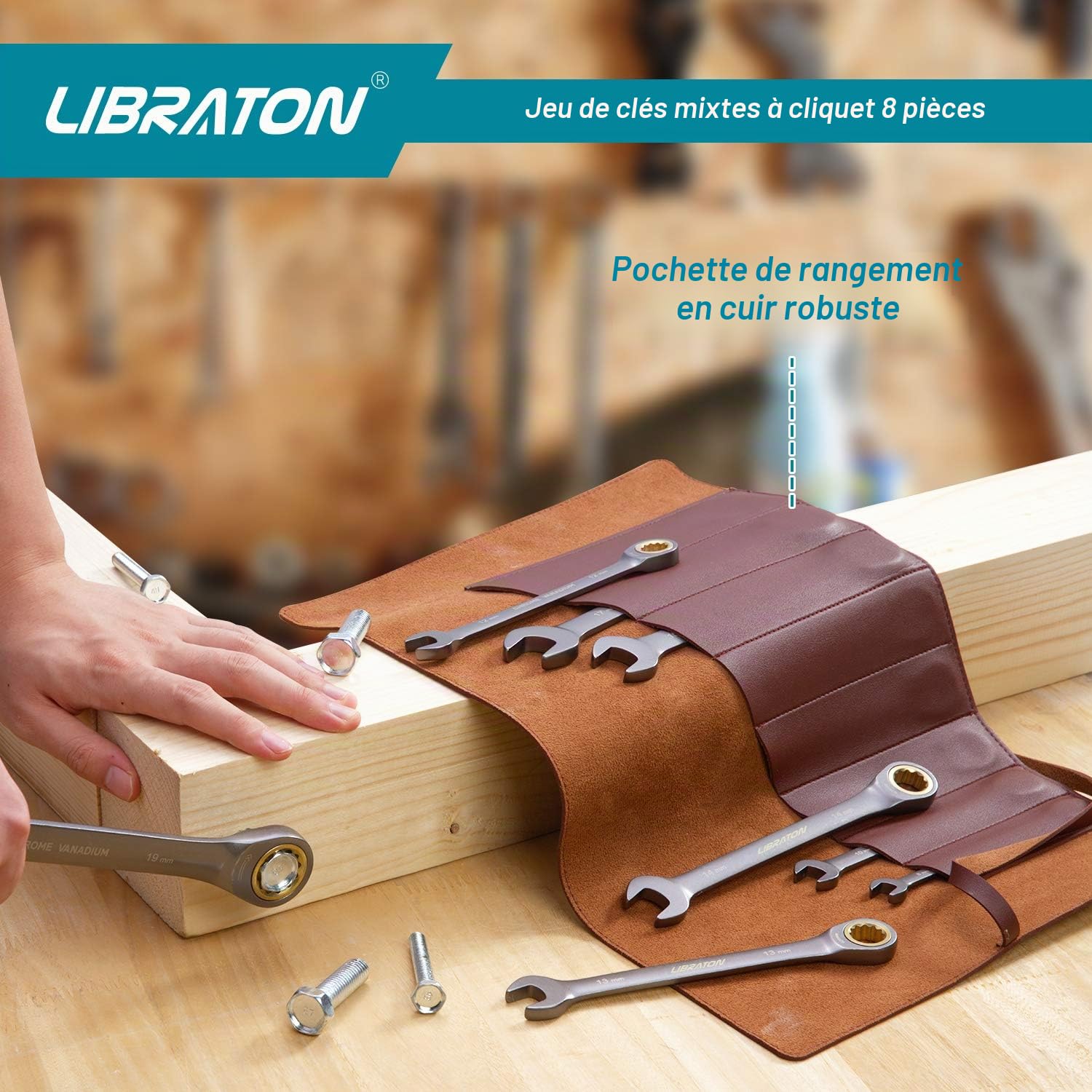 LIBRATON Lot de 8 clés à cliquet mixtes système métrique 8-19 mm | avec Cr-V construit avec placage de nickel et pochette de rangement en cuir