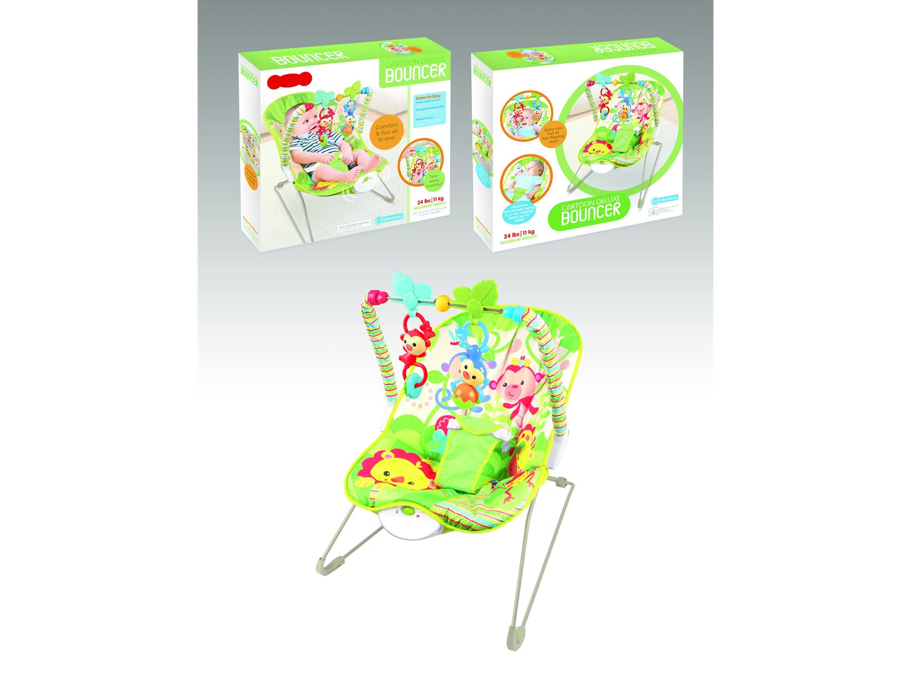 Safe-O-Kid Multi-Position Reclining, Baby Bouncer with Music, Vibrations, Safety Harness, Toy Bar (Includes Batteries) - Green - Image 3 thumbnail