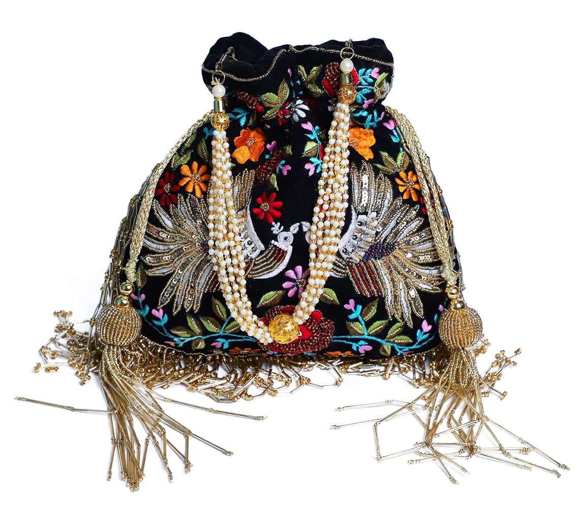 Black BLACK VELVET PEACOCK POTLI BAG II Women's Traditional Designer Clutch For Women & Girls II DESIGNER POTLIS-image-34