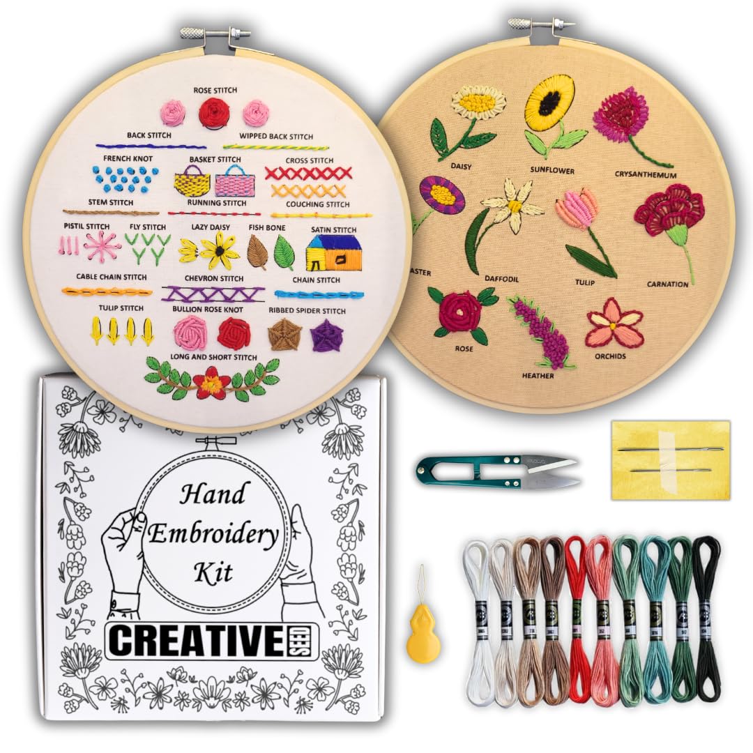 Creative Seed Embroidery Kit 2-Pack: Learn Beginners & Flowers Patterns with 31 Stitches, Pre-Printed Fabric, Threads, Hoop, Tools, Video Tutorials & DIY Macrame Keychain-image-41