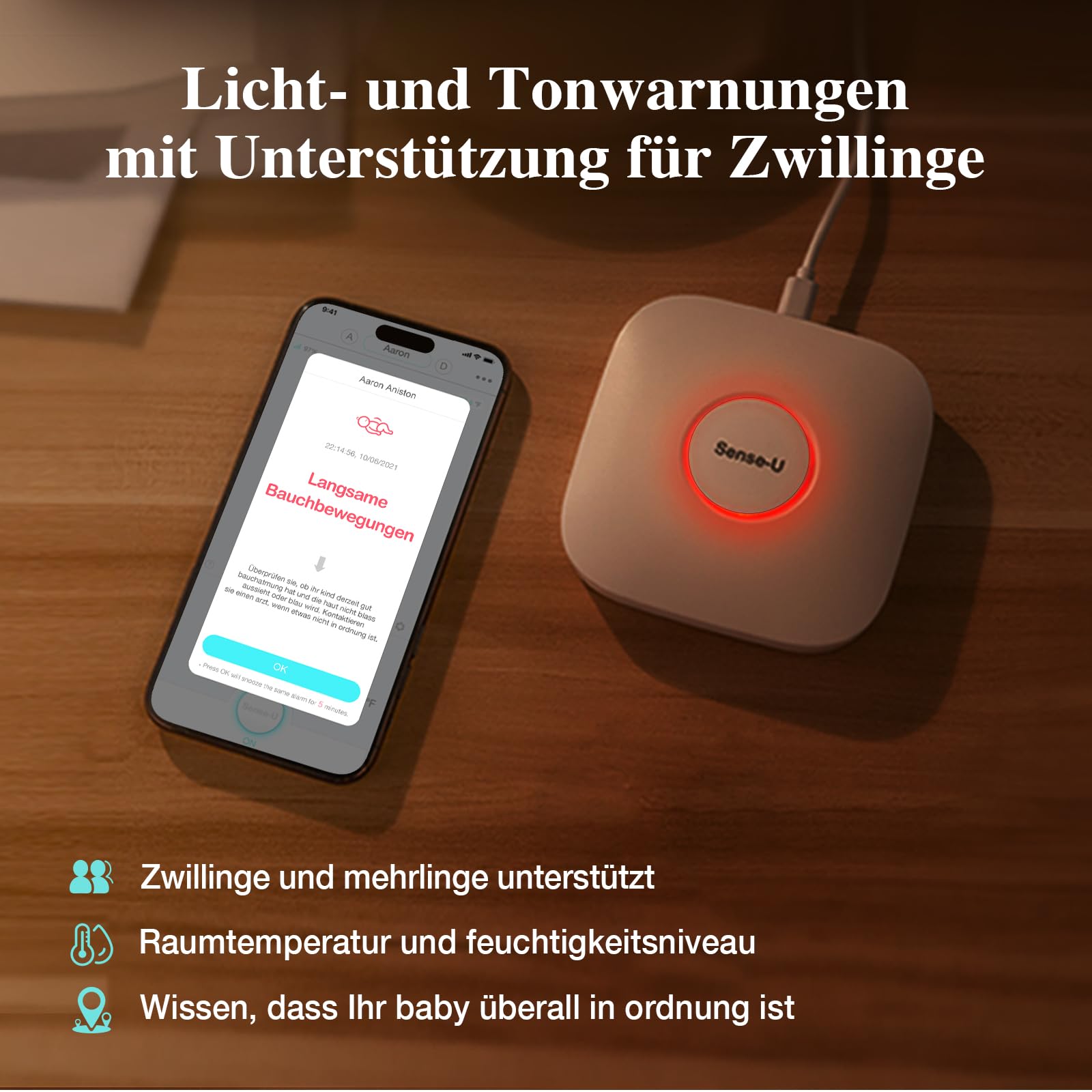 Sense-U Pro Baby-Bewegungsmonitor (große Reichweite): Erfasst Bewegung, Umdrehen & Temperatur überall, mit Vibrationswecker, akustischen Alarmen & Schlaferfassung