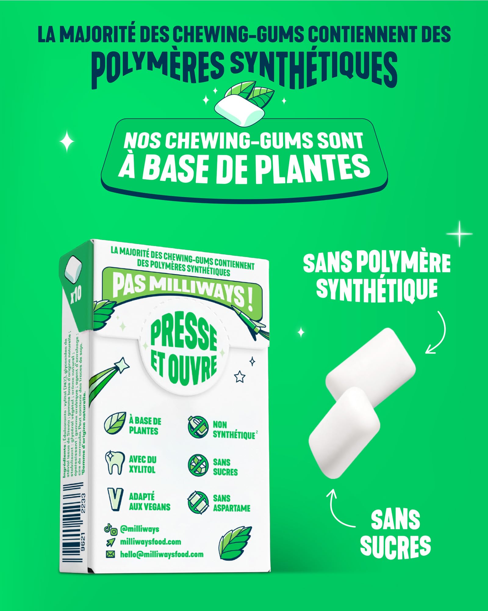 MILLIWAYS Chewing Gum sans Sucres à la Chlorophylle 12 Boîtes de 10 Dragées 20g Xylitol