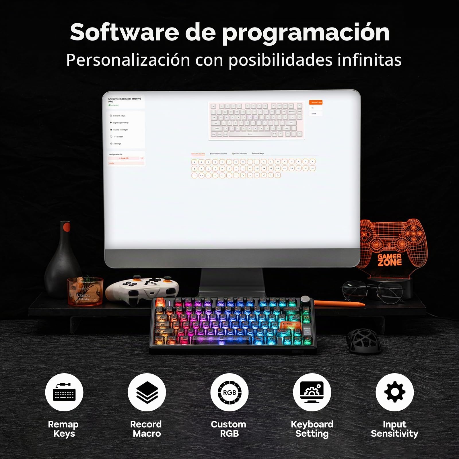 EPOMAKER TH80 V2 Pro Teclado Mecánico Inalámbrico para Juegos con Pantalla y Perilla, 10000mAh, 2.4G/BT, Hot-Swap, Teclas PBT, Modificador de Mac, RGB, Gasket, para Mac/PC (Negro, Creamy Jade)