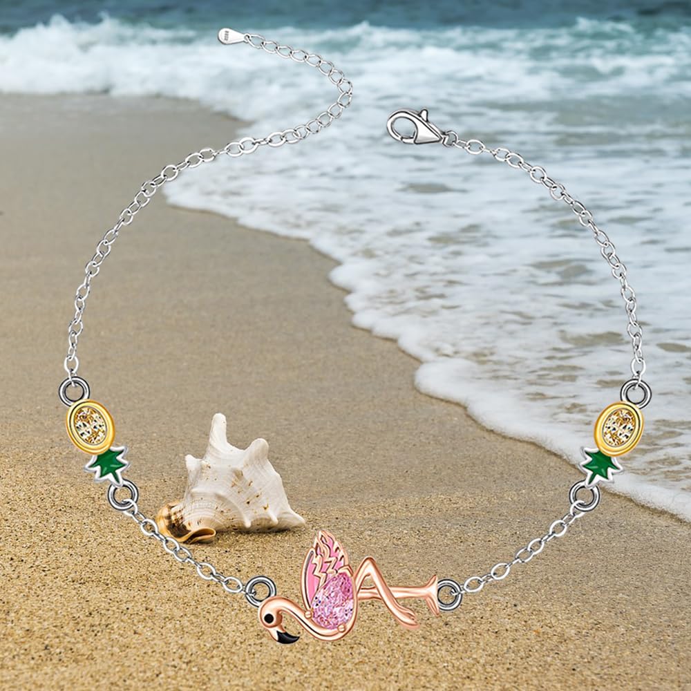 Flamingo Anklet Pineapple Flamingo Ankle Bracelets for Women 925 Sterling Silver Summer Beach Cute Pink Bird Anklets Hawaiian Jewelry Birthday Mothers Day Christmas Gifts