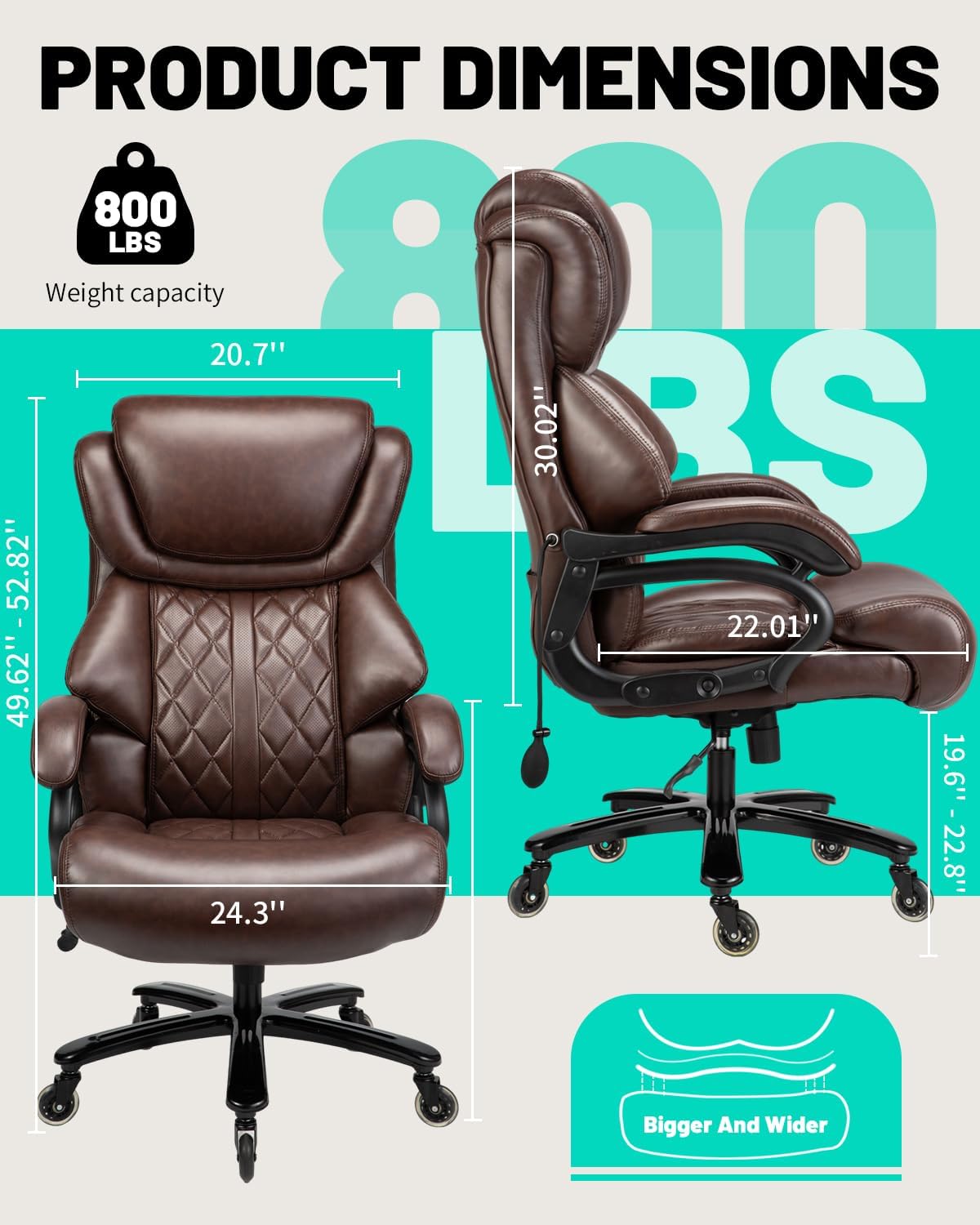800lbs Big and Tall Office Chair with Wide Spring Seat, 360 Swivel & Heavy Duty Casters for Executive or Home Office Desk Chair (Brown)