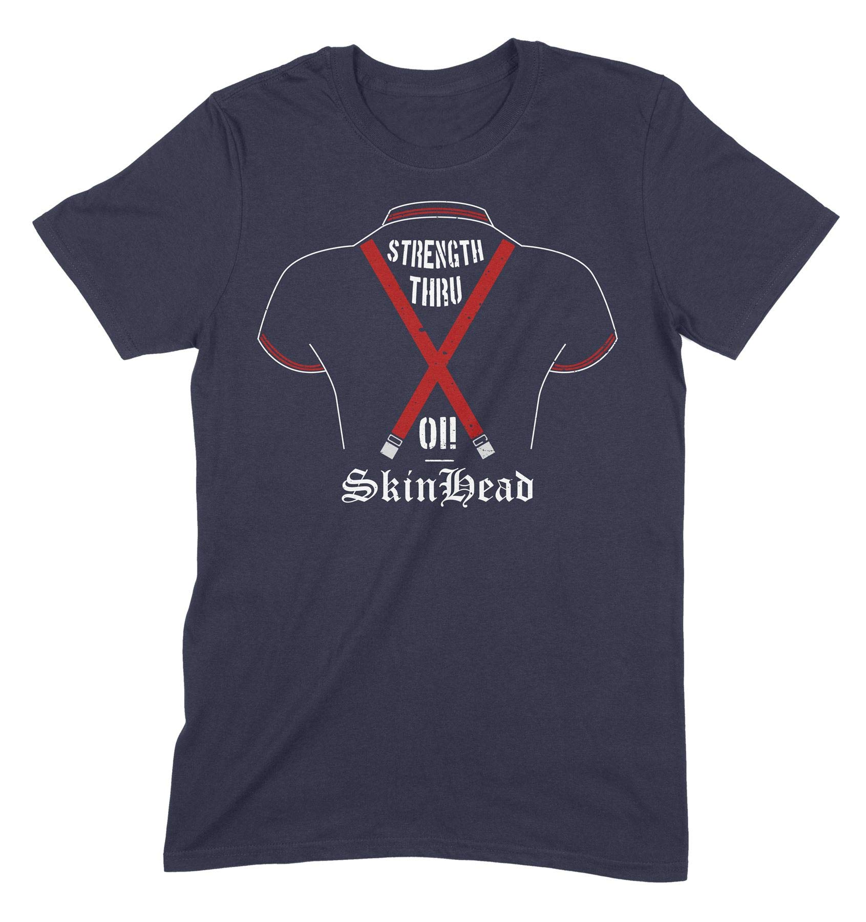 Skinhead Braces Strength Through Oi Mens T Shirt (3XL, Navy Blue)