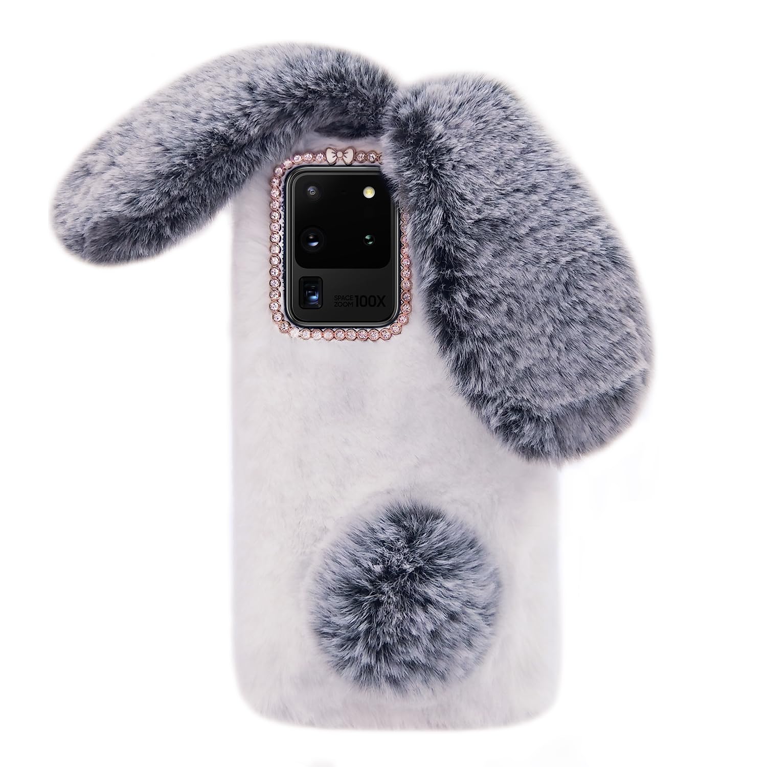 Omorro for Galaxy S25 Ultra Case Plush Rabbit Case for Women Girls Soft Warm Fluffy Furry Bunny Ear Fur Phone Case Protective Cover with Bling Crystal