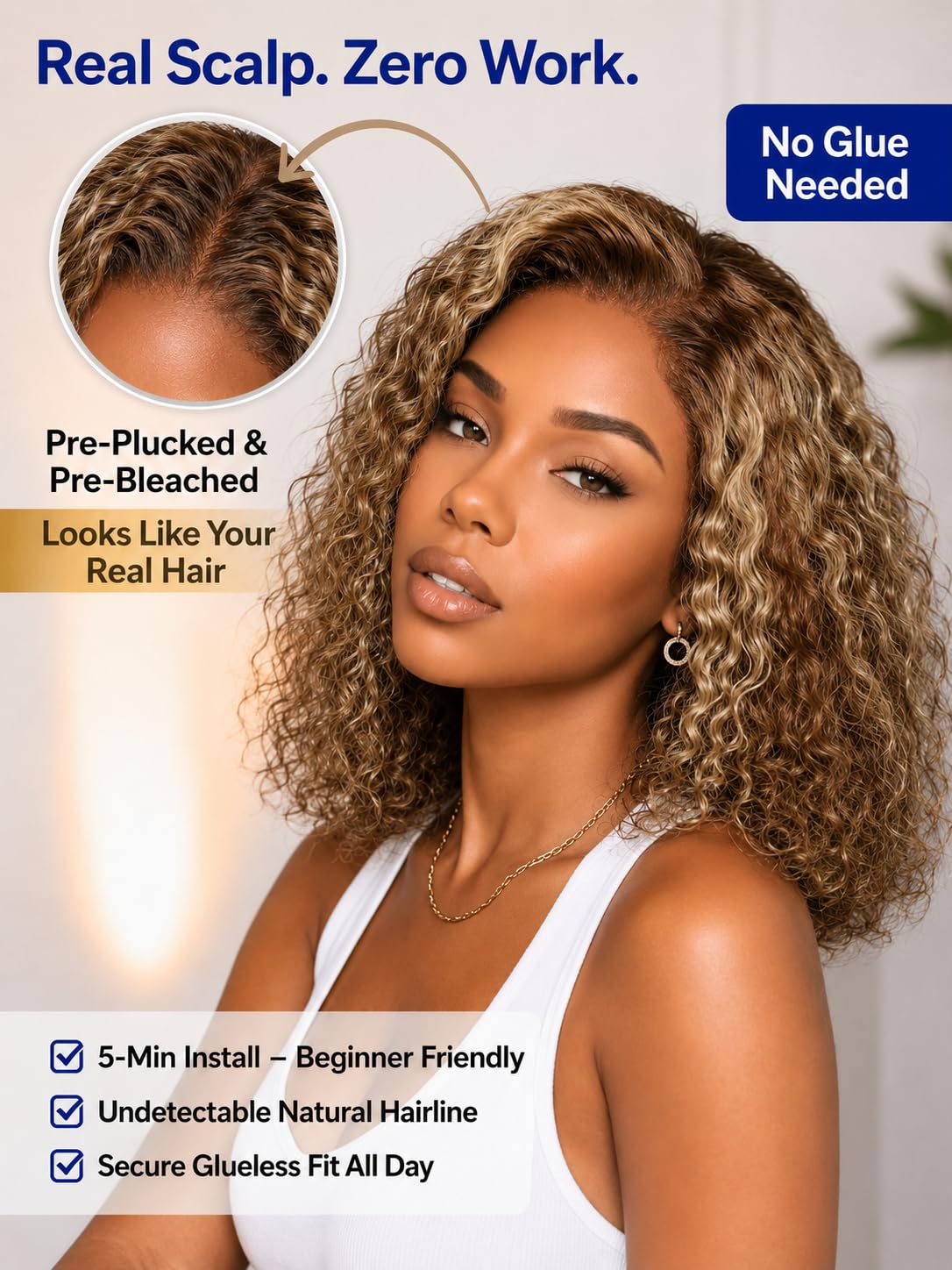 Nadula Bye Bye Slip Honey Blonde Water Wave Glueless Drawstring Wig Human Hair Side Part, Pre Everything Glueless 7x5 HD Bye Bye Knots No Slip Wig,Read to Wear Wet and Wavy Bob Wig 150 Density 10inch thumbnail