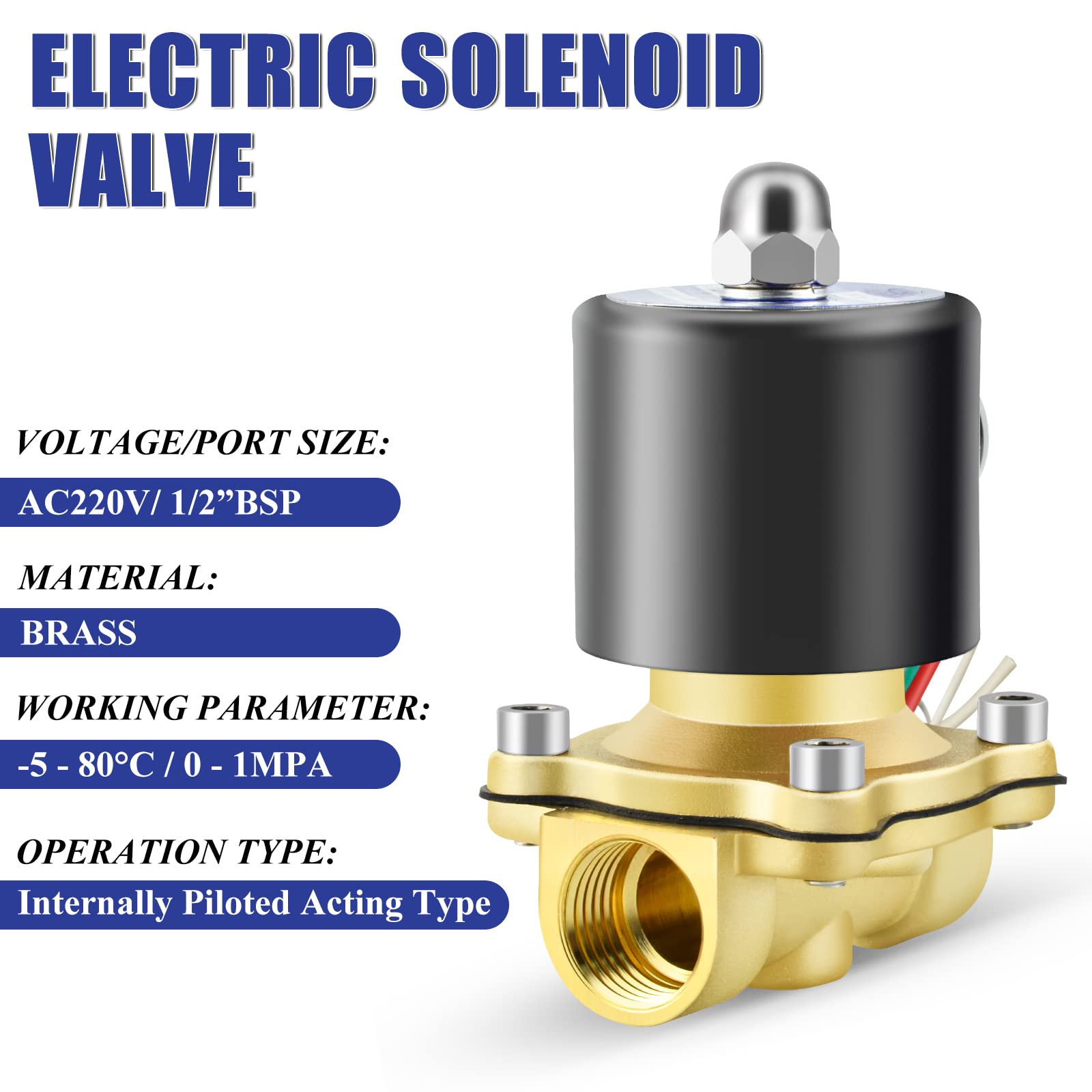 Elettrovalvola elettrica in ottone da 1/2" BSP 220V con connettore a resca, adatta per acqua, aria, carburante, gas chiusa