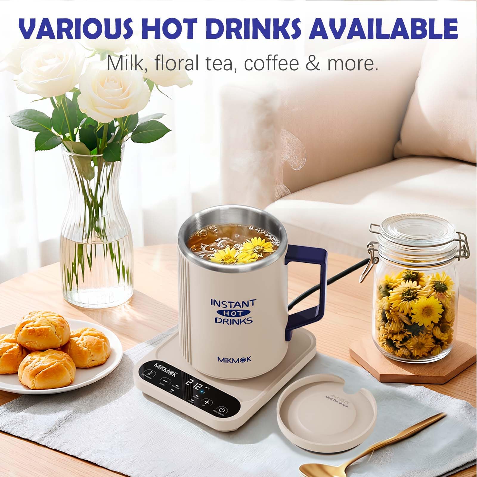 MIKMOK Taza calentadora eléctrica 400ml 300W Acero 304 | Temp. regulable 40–100 °C, display LED, mantiene calor 4h, compacta para oficina y residencias