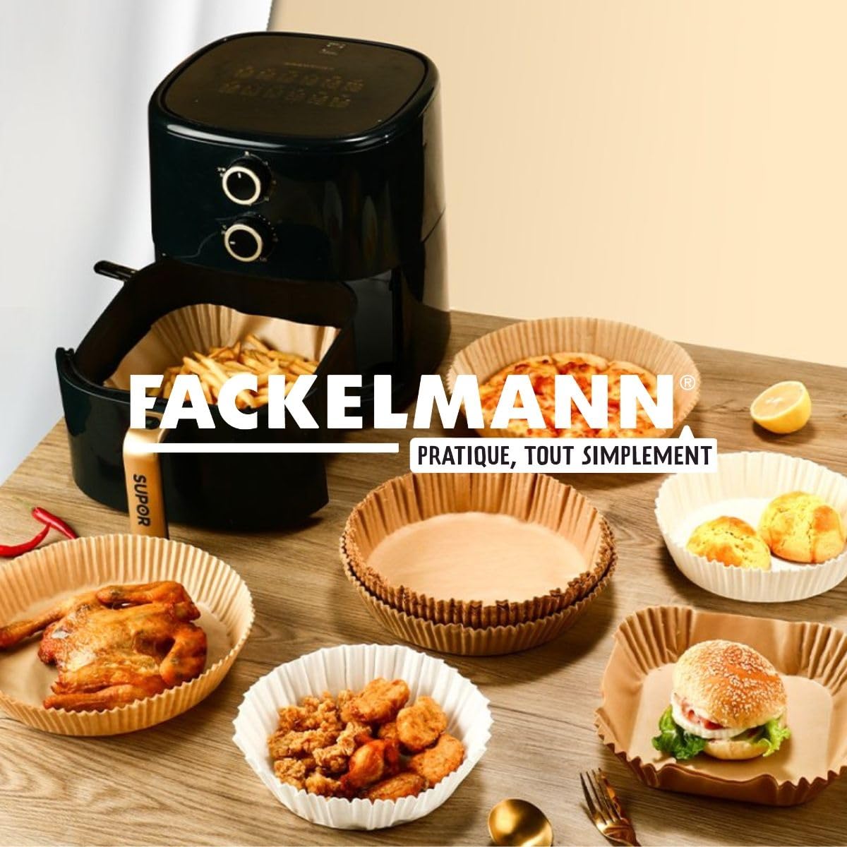 Fackelmann 9322150 - Stampo per friggitrice ad aria calda, stampo per friggitrice ad aria calda, stampo per friggitrice senza olio, carta aria fryer, 50 pezzi, quadrato, carta, 20 x 20 x 4,5 cm