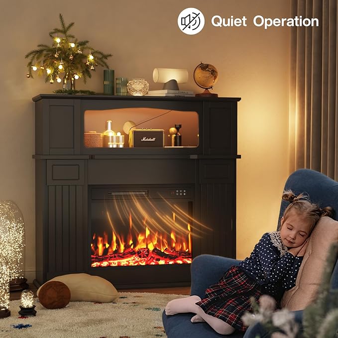 Chimenea Eléctrica PRETZI 43" con Repisa de Madera, Negro miniatura 6