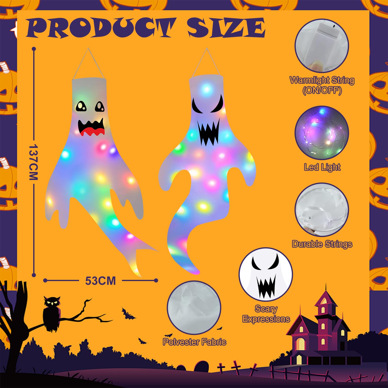 2 Pezzi Decorazione Halloween, Fantasma Manica a Vento con Luci LED, Ghost Windsock per Esterni, Giardino, Cortile, Patio, Casa