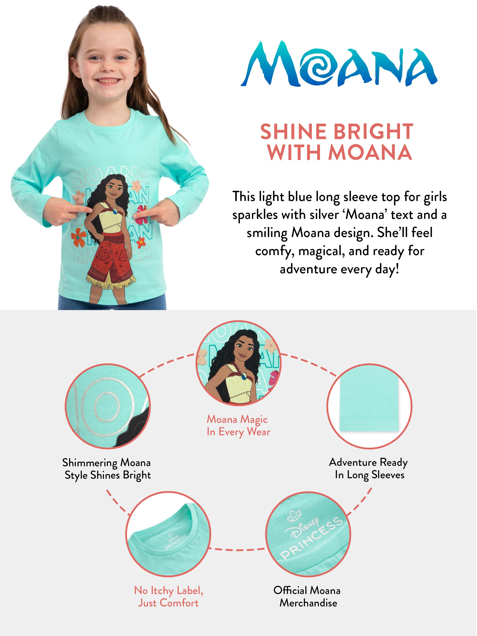 Disney Koszulka Dziewczęca Moana, Długorękawowa Koszulka T-Shirt Dla Dziewczynki, Oficjalna Moana Merchandise