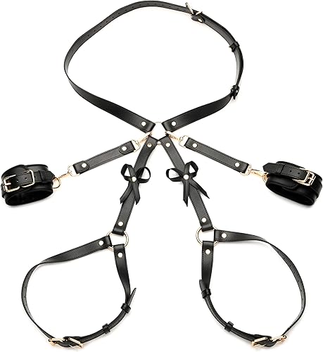 Miniatura 5 de STRICT Arnés Bondage negro con lazos para mujeres, hombres y parejas BDSM, sujetadores de cuero vegano para submarinos, mediano grande, negro