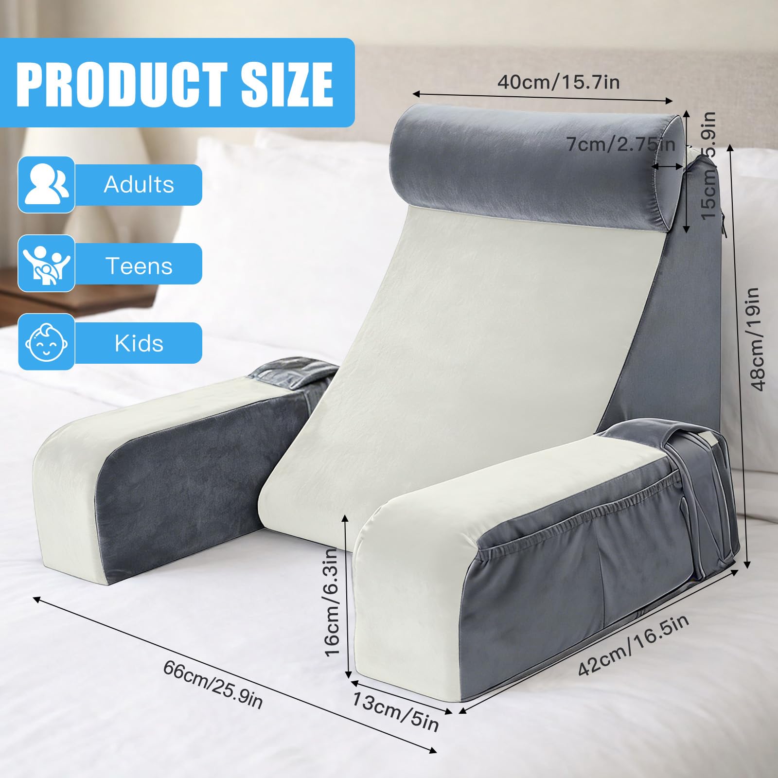 Lesekissen für Bett und Sofa, Rückenkissen Bett mit Abnehmbarer Nackenrolle & Armlehne, Lesekissen mit Rückenlehne, Kissenrückenlehne, Wandkissen Multifunktions-Keilkissen zum Lesen (Grau+weiß)
