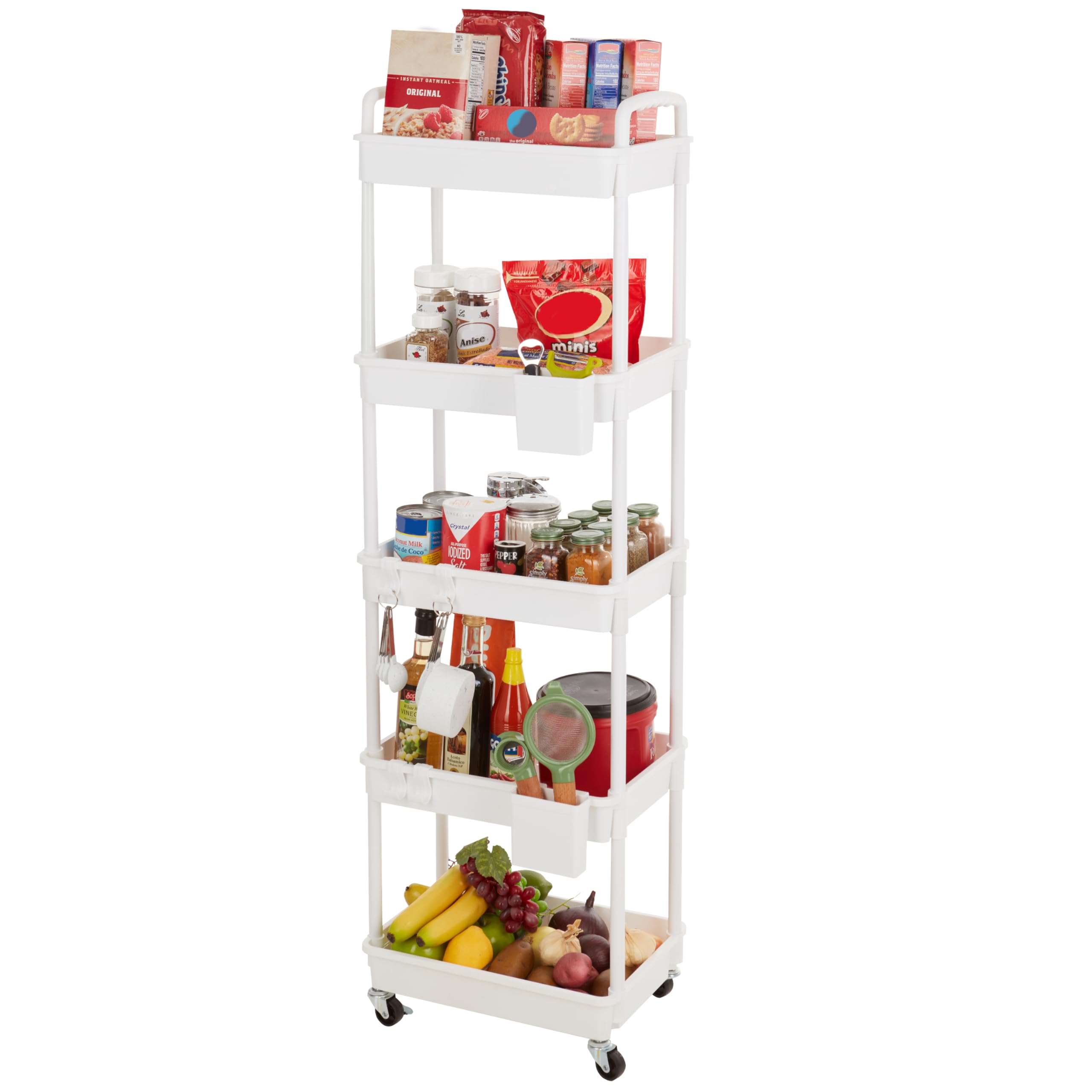 Inspired Living5-Tier Plastic Rolling Utility Cart with Handle, Lockable Caster Wheels 2 Bins 3 Hanging Baskets & 4 Hooks, Multi-Functional Storage Trolley, for Kitchen, Living Room, Bathroom, White