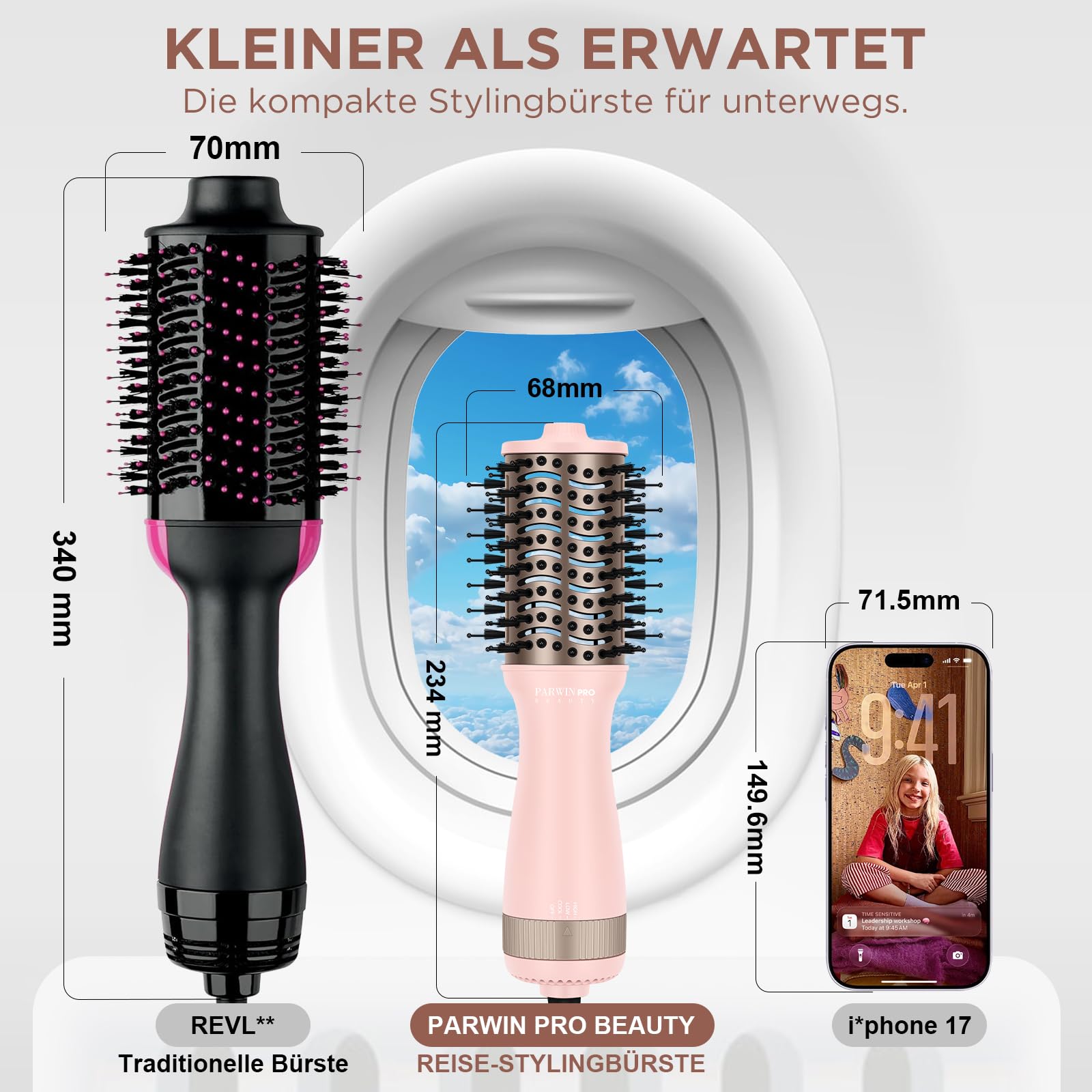 Leichte Reise-Warmluftbürste, PARWIN PRO BEAUTY Dual Voltage Föhnbürste