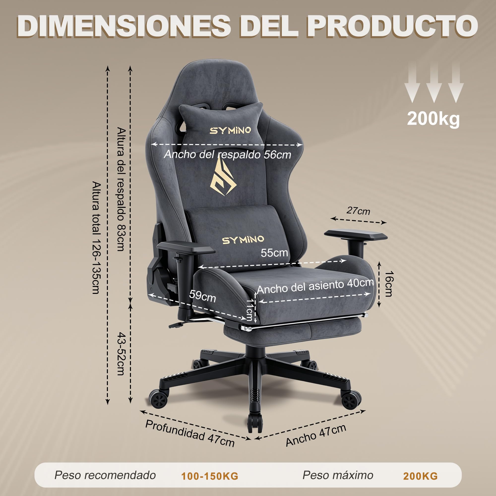 Symino Silla Gaming Ergonómica Reclinable con Reposapiés Ajustable, Soporte Lumbar y Reposacabezas Regulable, Altura Ajustable para Adultos hasta 200kg (Gamuza Artificial,Grey)