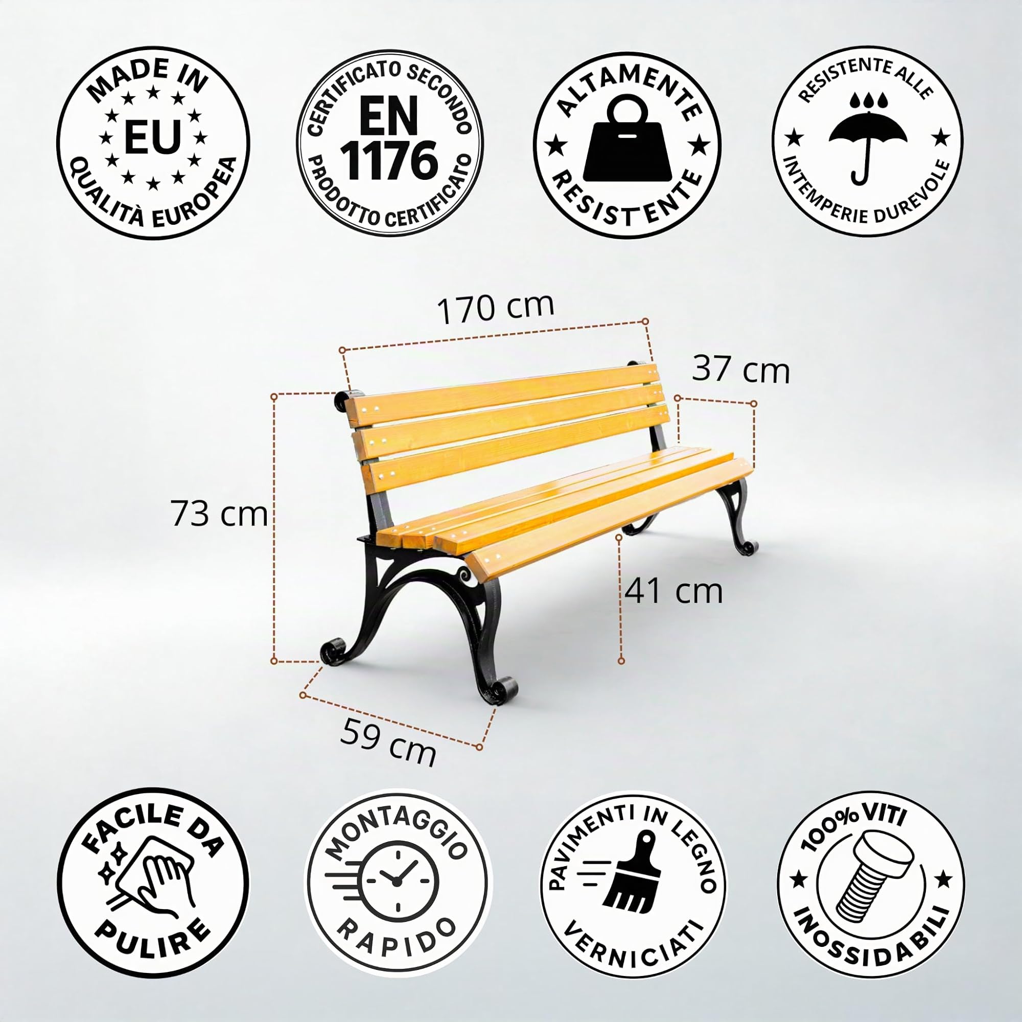 REKORD Panchina da Giardino 170 x 59 x 73 cm Panchina da Esterno in Legno e Metallo con Schienale Resistente alle Intemperie Panchina per Giardino Terrazzo Balcone o Parco – VIENNA - Teak