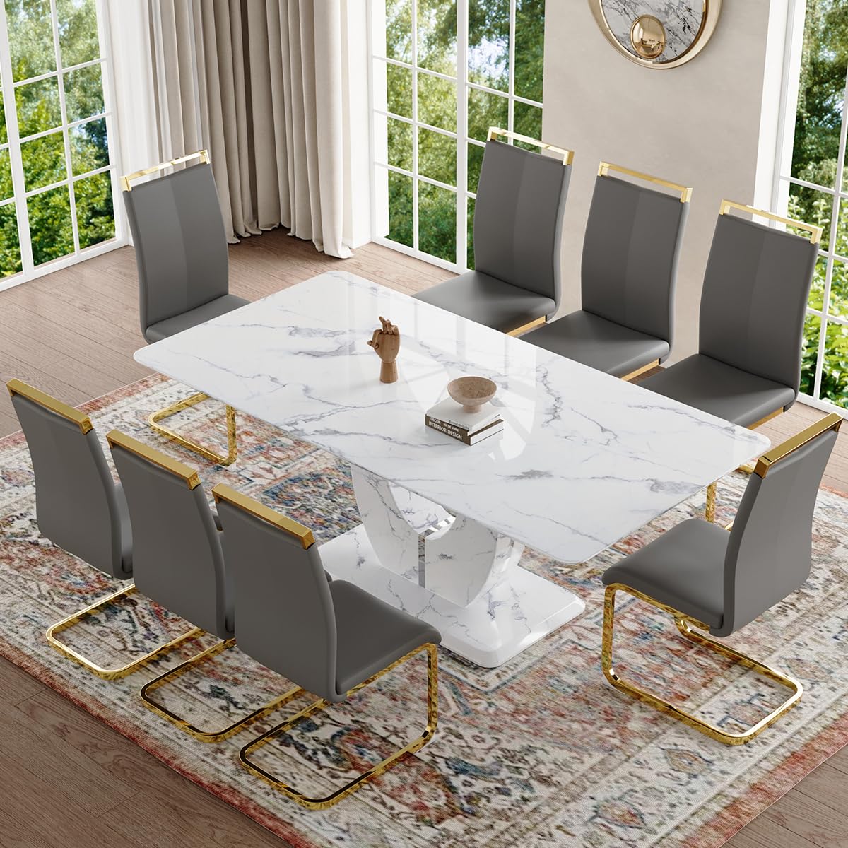 JUFU 71" Dining Room Table Set for 8,White Faux Marble Dining Table Set for 8,Modern Rectangular Kitchen Table with 8 Upholstered Grey Golden-Leg