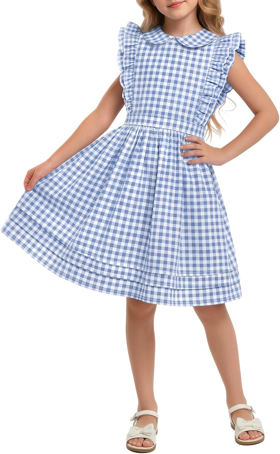 Xaatren Girls' Ruffle Sleeves Dress 5-14 Years Doll Collar Plaid Midi Length Gingham Flutter Pockets Summer Dress with Zipper