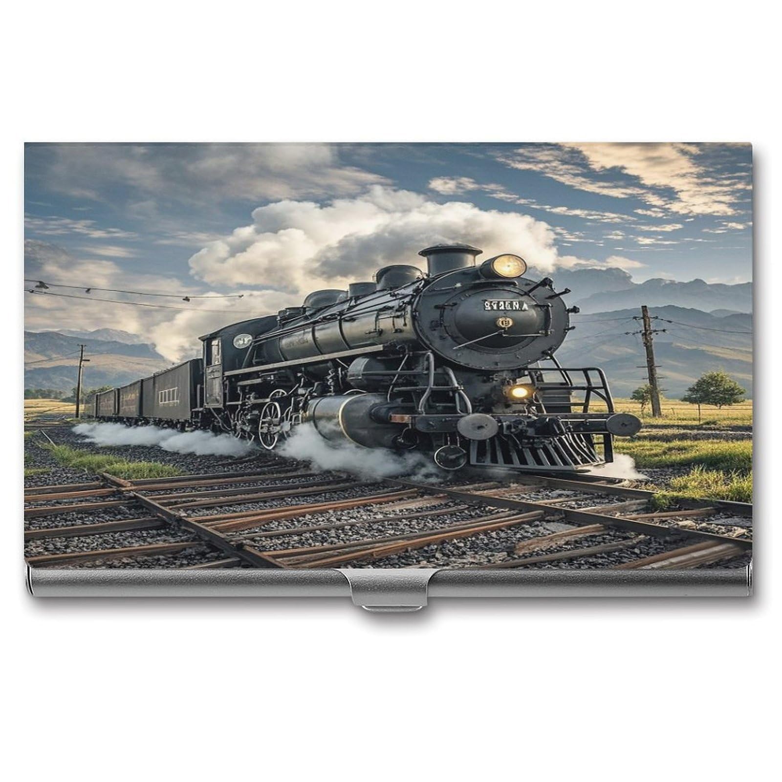 Fekiloot Men's Style Steam Locomotive Train Business Card Holder For & Wo Professional Stainless Steel Business Card Case Large Capacity Slim Purse Name Cards Holders Buckle Shut