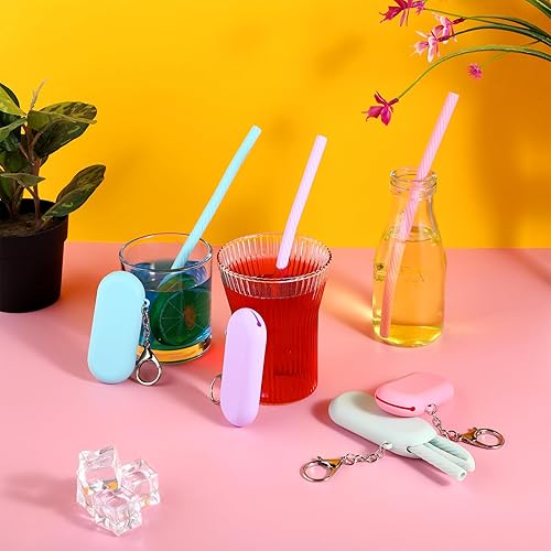 Miniatura 7 de Cobee Juego de 4 pajitas de silicona reutilizables, pajitas portátiles plegables con caja de almacenamiento colorida y llavero para viajes, cepillo