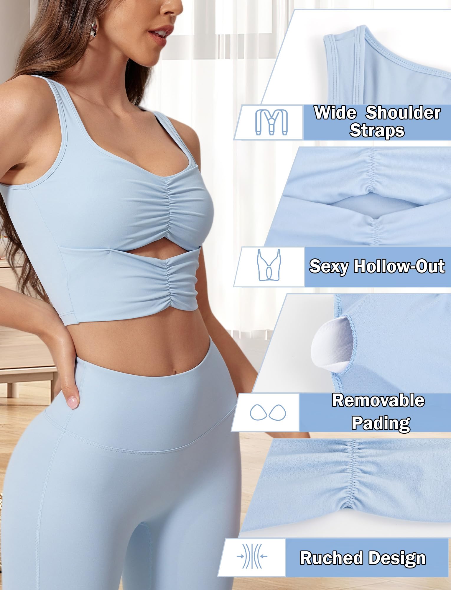 FEOYA Top da allenamento da donna imbottito sportivo canotta con spalline yoga crop top senza maniche camicia da palestra con reggiseno pastiglie
