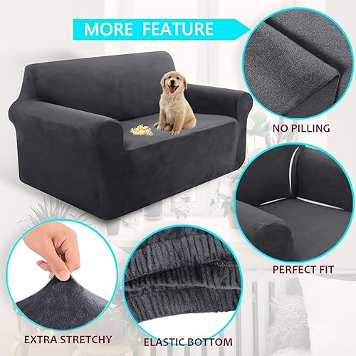 Miniatura 3 de U-NICE HOME Fundas de terciopelo para sofá, fundas elásticas para sofá de 3 cojines, protector de muebles (XL, grande, gris oscuro)
