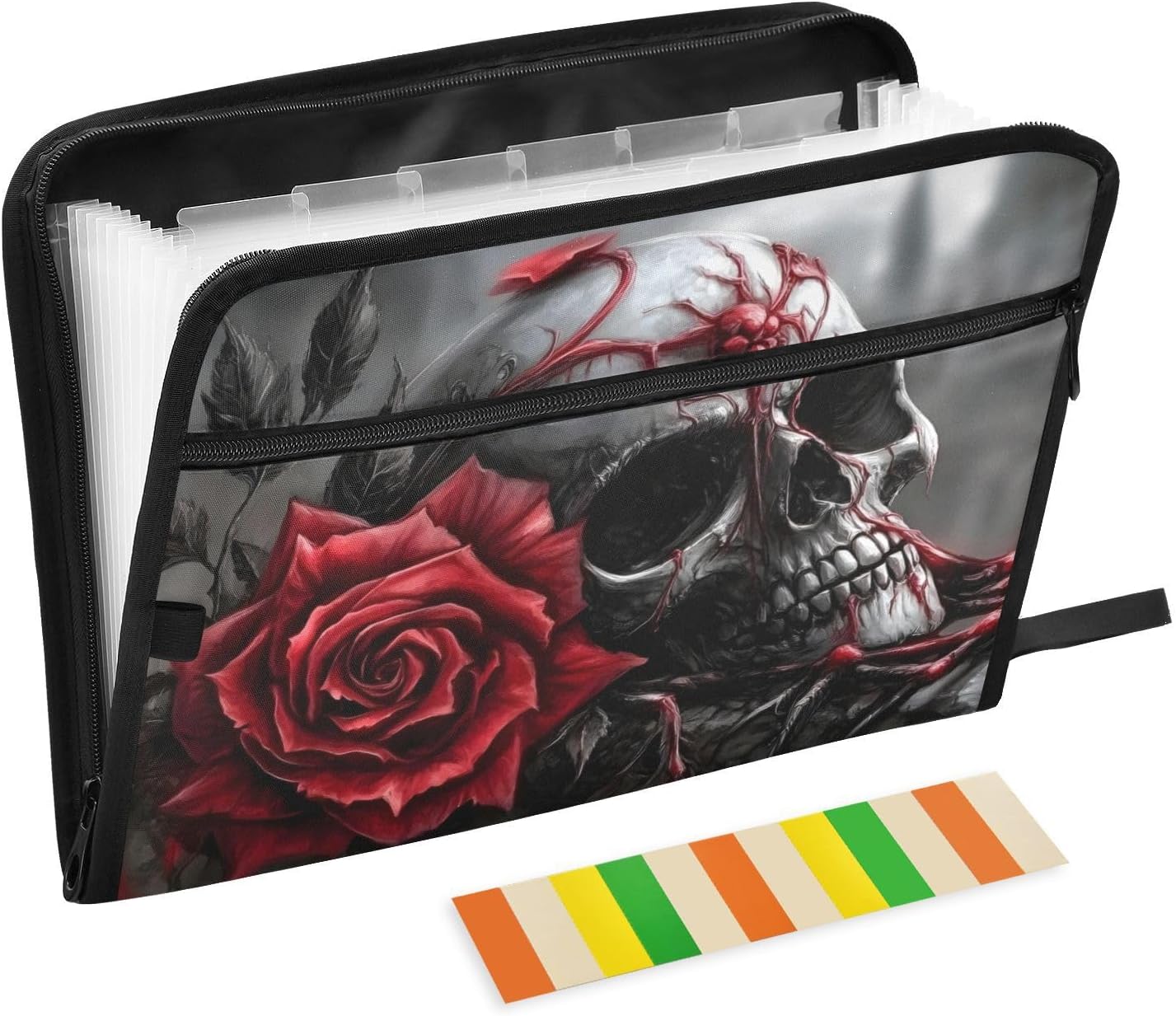 Expanding Filing Folder, Gothic Skull Rose Funny 13 Pockets Expandable File Folders with Sticky Labels, A4 Letter Size Paper Document Organizer for Office School Boys Girls