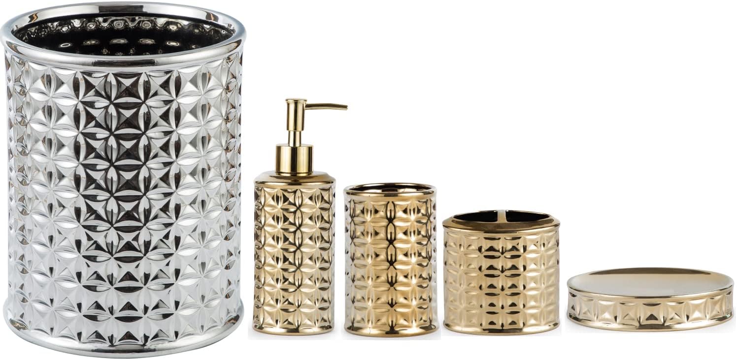 BASDHEBathroom Accessories Set-5 Piece Ceramic Gift Set Toothbrush Holder,Toothbrush Cup,Soap Dispenser,Soap Dish,Trash Can, Set Bathroom