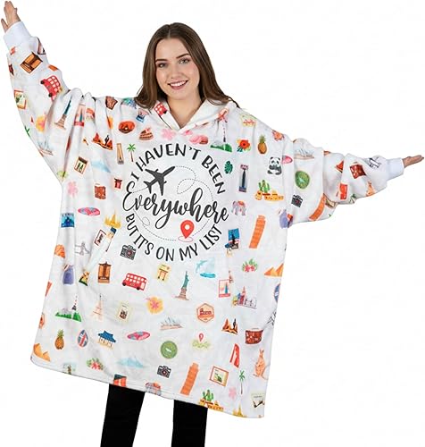 Regalos de viaje para mujeres y hombres, manta de franela con capucha, súper suave, cálida y acogedora con dos bolsillos grandes