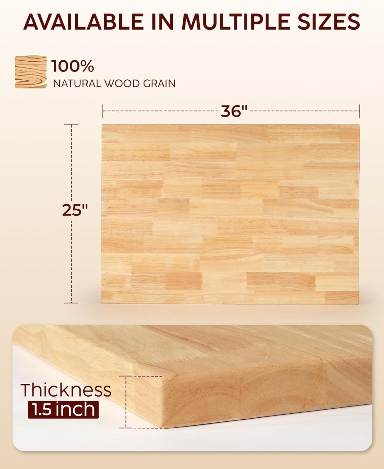Hevea Butcher Block Countertop, 36"×25"×1.5" Solid Wood Butcher Block, Unfinished Wood Table Top DIY Cut for Desk Top, Kitchen Island, Workbench, Washer Dryer Countertop, Dining Room Table 3ft