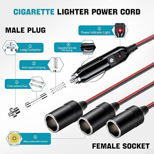 Miniatura 9 de Divisor de encendedor de cigarrillos para automóvil, adaptador divisor de 12 V para automóvil, soporta carga rápida, 1 a 2 puertos de cargador de