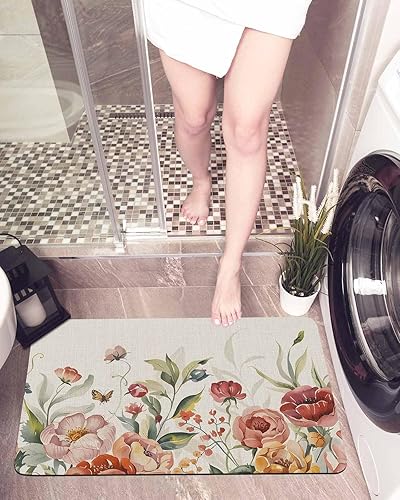 Miniatura 6 de Tapete de baño con flores retro para bañera, antideslizante, de secado rápido y absorbente, tierra de diatomeas, fregadero de cocina, ducha,