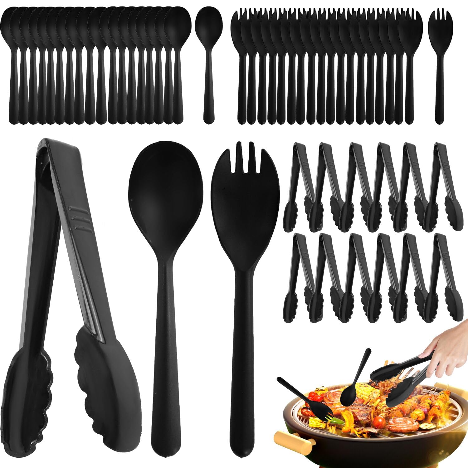 52PCS Black Disposable Serving Utensils, Includes 20PCS Spoons, 20PCS Forks and 12PCS Serving Tongs, Serving Spoons/Forks for Buffet, Party, Wedding,