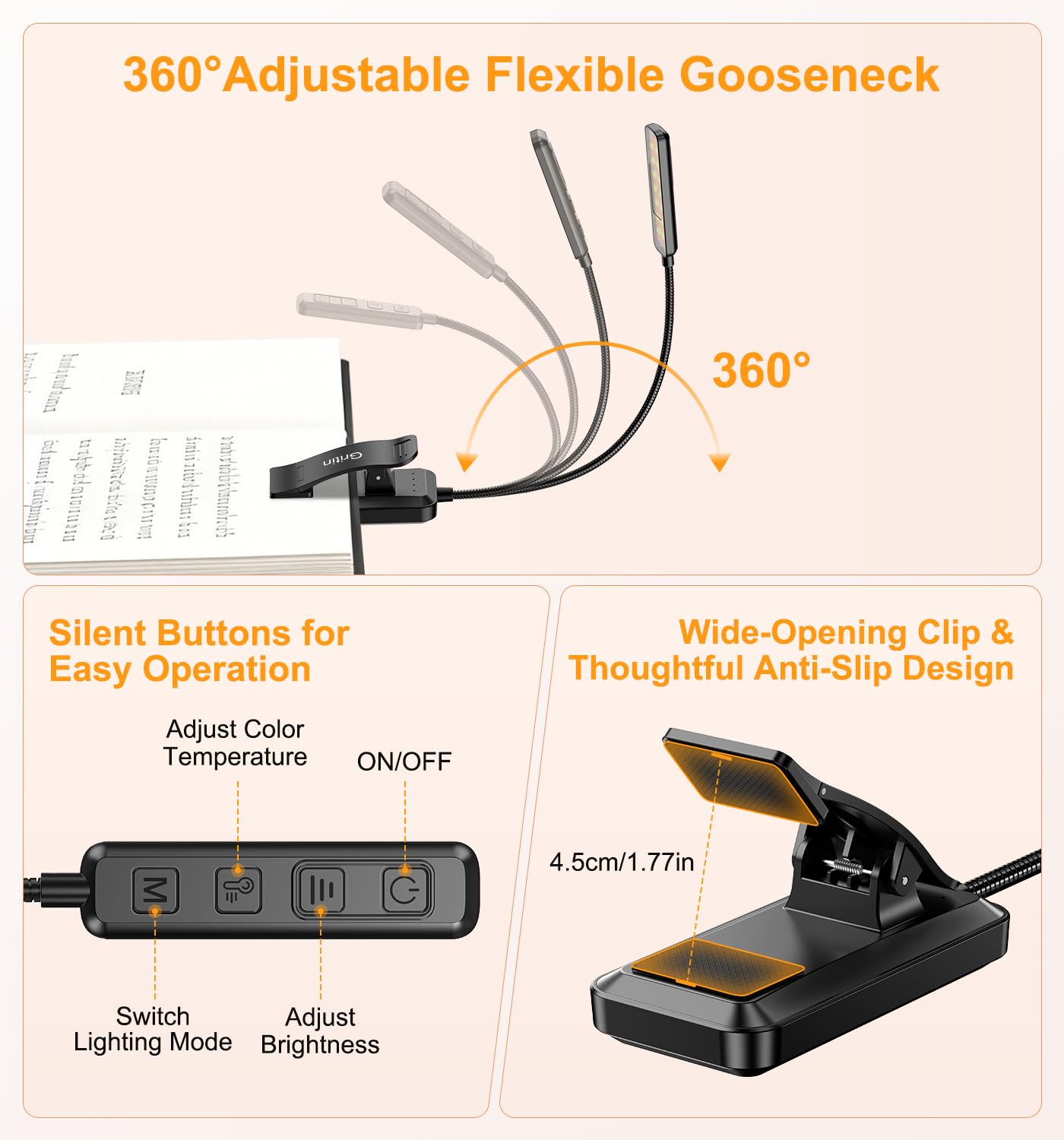 Gritin 2026 Gen 2 Luz Lectura Recargable, 30 LED de Espectro Completo para Protección Ocular, 5 Colores y 5 Niveles de Brillo, Ajustable Haz Ancho/Estrecho, Batería Larga Duración Ideal para leer