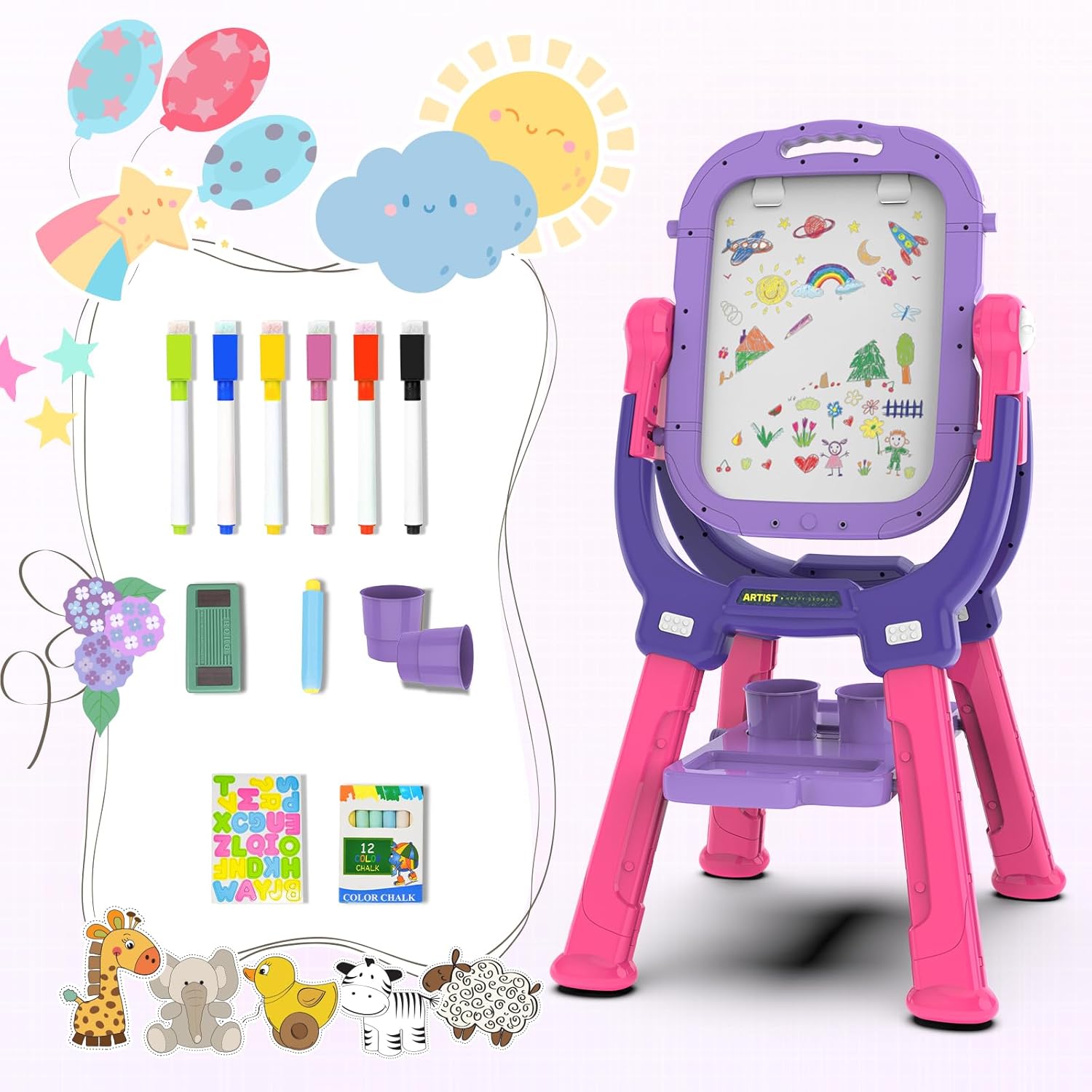 Easel for Kids, Toddler Art Easel Adjustable Standing, Magnetic Double Sided Easel with Painting Accessories Gift for Boys and Girls (Purple red) - Image 9