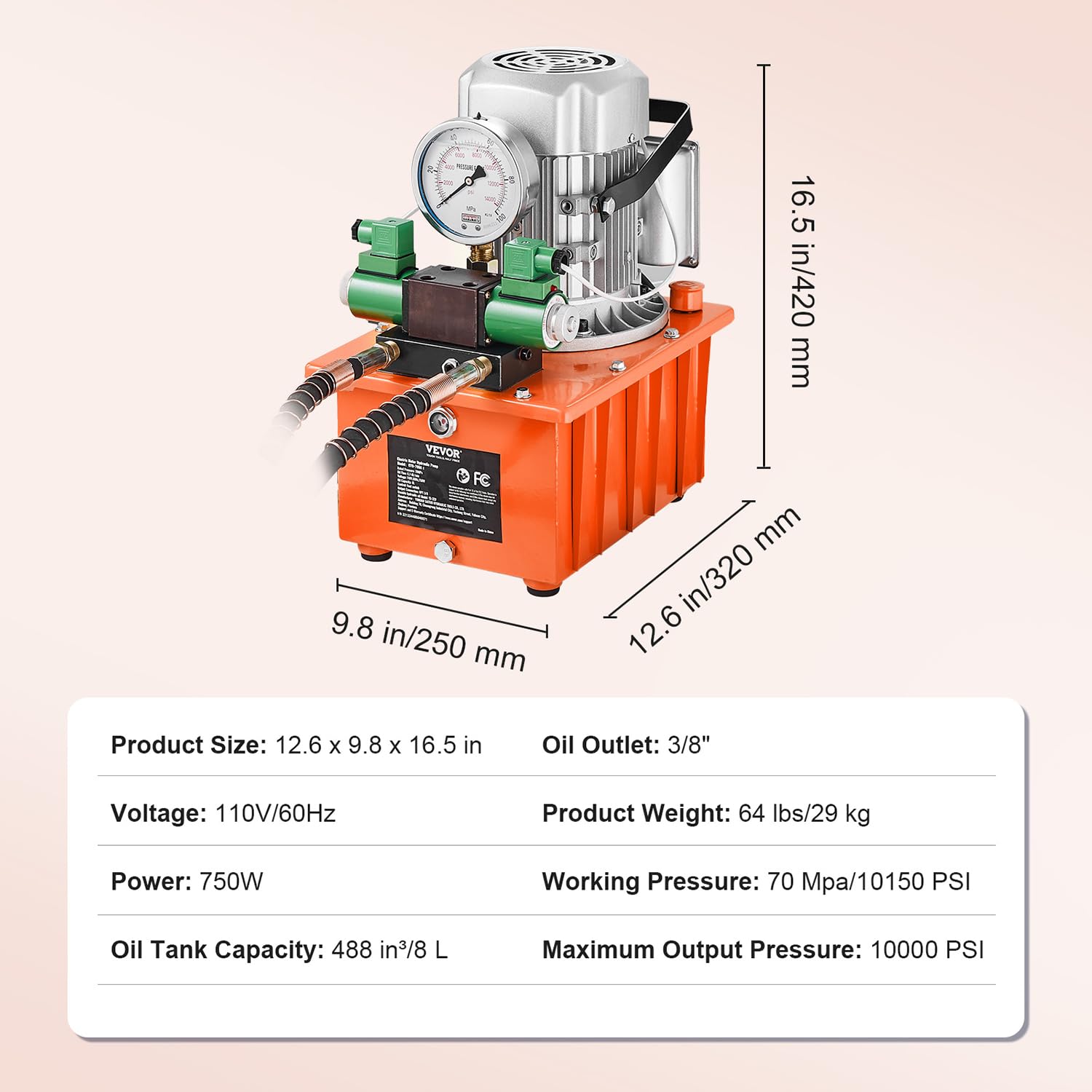 VEVOR 10000 PSI Hydraulic Electric Pump, Double Acting, 750W Full Copper Power Engine & 8L Hydraulic Power Pack Cylinder