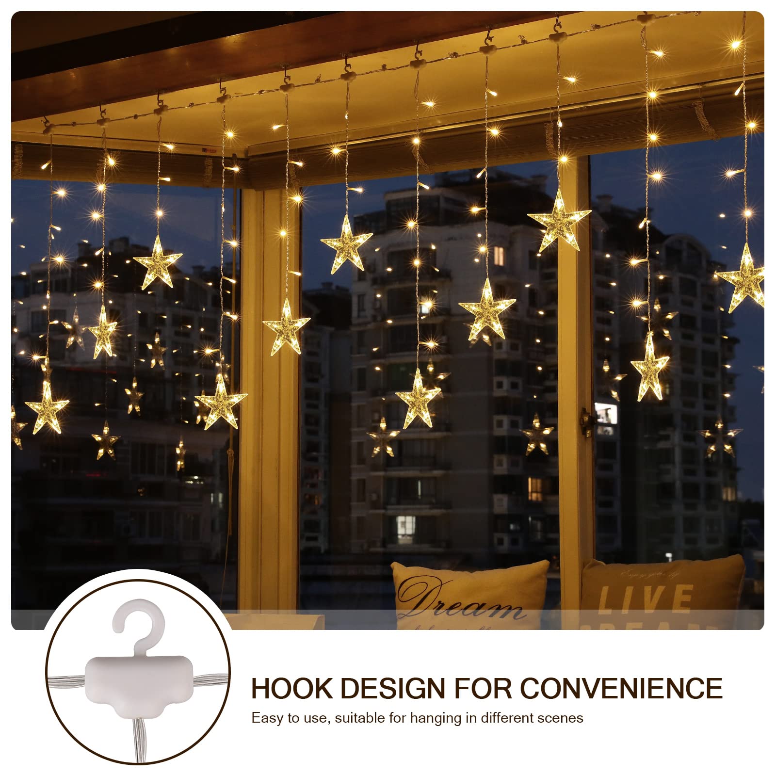 BLOOMWIN Lichtervorhang Stern Lichterkettenvorhang USB 8Modi Stimmungslichter Weihnachtsbeleuchtung für Fenster Tür Innen Sternenvorhang Warmweiß (Packung mit 2)